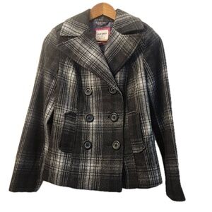 Old Navy Coat Womens X-Small‎ Gray Plaid Double Breasted Pea Wool Blend Coat